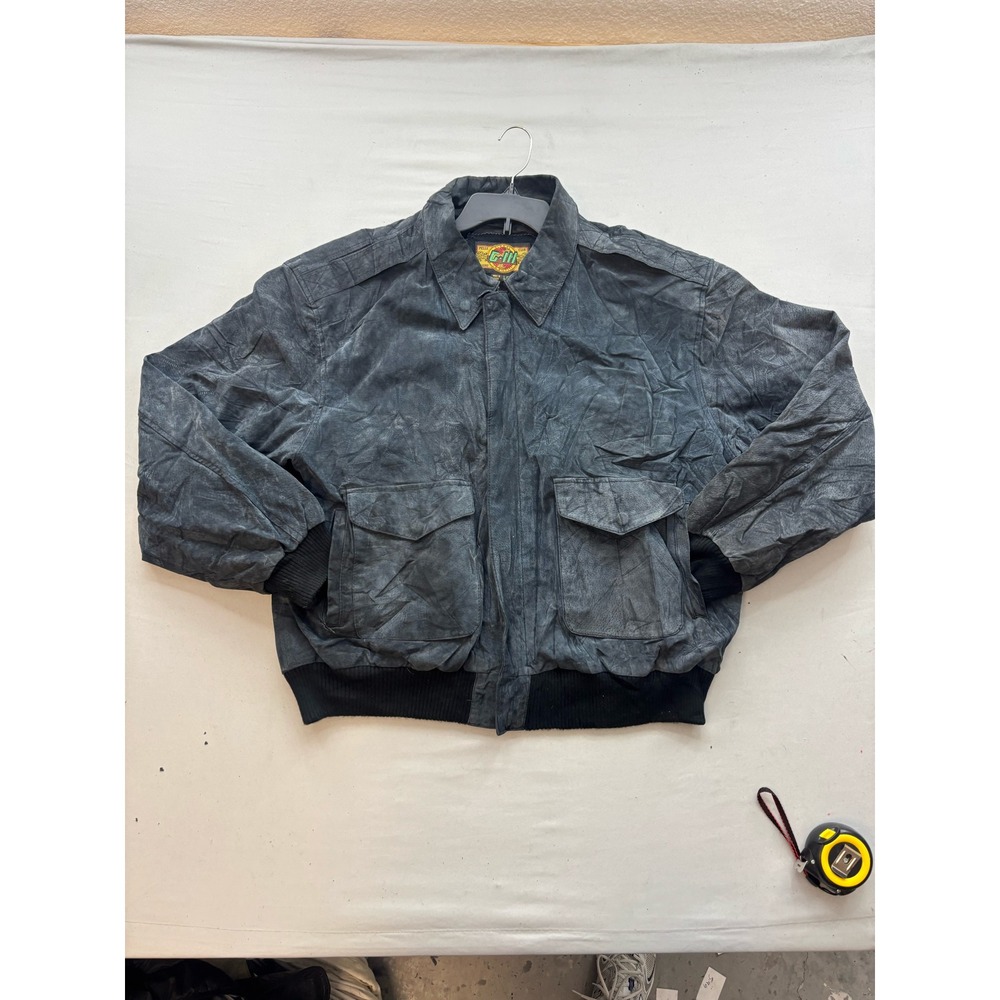 G-III Global Identity Mens Gray Leather Bomber Jacket Large Distressed Aviator